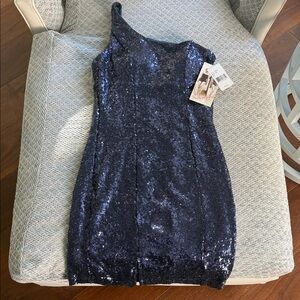 Honey and Rosie Navy Sequin One Shoulder Dress NWT